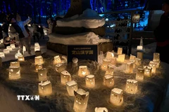 Những ngọn đèn tuyết ngộ nghĩnh là tác phẩm của các em học sinh địa phương. (Ảnh: Xuân Giao/TTXVN)