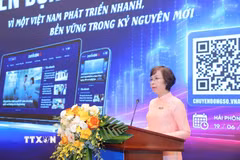 Đồng chí Vũ Việt Trang, Ủy viên Ban Thường vụ Đảng ủy các cơ quan Đảng Trung ương, Phó Trưởng Ban Tuyên giáo và Dân vận Trung ương, Bí thư Đảng ủy, Tổng Giám đốc Thông tấn xã Việt Nam phát biểu tại lễ khai trương chuyên trang thông tin. (Ảnh: Minh Quyết/TTXVN)