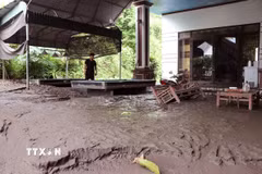 Lớp bùn đất dày khoảng 0,5m phủ kín nền nhà của một hộ dân sau mưa lớn. (Ảnh: Đức Thọ/TTXVN)