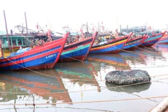 Ngư dân neo đậu tàu, thuyền tránh trú bão số 10 ở âu thuyền Cửa Sót xã Lộc Hà. (Ảnh: Công Tường/TTXVN)