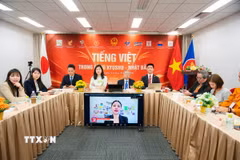 Tọa đàm “Tiếng Việt trong lòng Kyushu, Nhật Bản” diễn ra theo hình thức trực tiếp và trực tuyến, kết nối với đầu cầu Việt Nam. (Ảnh: Nguyễn Tuyến/TTXVN)