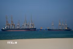 Cá tàu hàng tại cảng nước sâu thành phố Khor Fakkan thuộc Tiểu vương quốc Sharjah, nằm trên bờ biển phía đông của Các Tiểu vương quốc Arab Thống nhất (UAE), hướng ra vịnh Oman. (Ảnh: msn.com/TTXVN)