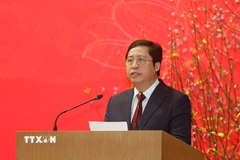 Tân Bí thư Tỉnh ủy Lào Cai Dương Quốc Huy phát biểu nhận nhiệm vụ. (Ảnh: Tuấn Anh/TTXVN)