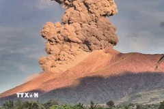 Tro bụi phun lên từ miệng núi lửa Kanlaon trên đảo Negros, Philippines. (Nguồn: THX/TTXVN)