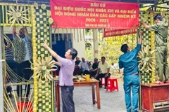 Khu vực bỏ phiếu tại xã Vĩnh Bình (tỉnh An Giang) được trang trí bằng lá dừa tạo không khí vui tươi, phấn khởi cho ngày hội non sông. (Ảnh: Văn Sĩ/TTXVN)