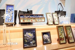 Du khách tìm hiểu về nghệ thuật chế tác tranh da cá của tỉnh Cát Lâm. (Ảnh: Công Tuyên/TTXVN)