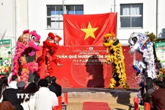 Đội múa lân người Việt tại tỉnh Nagoya khai mạc lễ hội Xuân quê hương 2026 tại Osaka. (Ảnh: Nguyễn Tuyến/TTXVN)