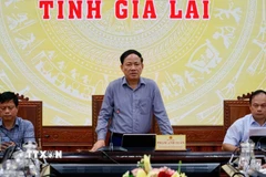Chủ tịch Ủy ban Nhân dân tỉnh Phạm Anh Tuấn phát biểu tại buổi họp khẩn. (Ảnh: Sỹ Thắng/TTXVN)