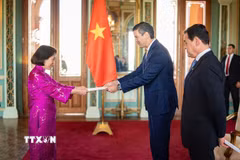 Đại sứ Việt Nam Ngô Minh Nguyệt trình Thư ủy nhiệm của Chủ tịch nước Lương Cường lên Tổng thống Paraguay Santiago Peña Palacios. (Nguồn: Đại sứ quán Việt Nam cung cấp)