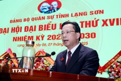 Bí thư Tỉnh ủy, Bí thư Đảng ủy Quân sự tỉnh Lạng Sơn Hoàng Văn Nghiệm phát biểu tại Đại hội. (Ảnh: Văn Đạt/TTXVN)