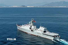 Tàu hộ vệ tên lửa Đinh Tiên Hoàng tham gia diễu binh trên biển. (Nguồn: Quân chủng Hải quân/TTXVN phát)