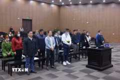 Các bị cáo tại phiên toà xét xử sáng 24/12. (Ảnh: Phạm Kiên/TTXVN)