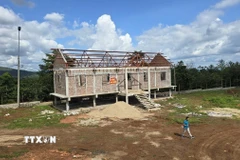 Công trình Nhà rông tại làng Ia Gri, xã Biển Hồ, tỉnh Gia Lai đã tạm ngừng thi công theo chỉ đạo của lãnh đạo tỉnh Gia Lai để rà soát, đánh giá tính phù hợp của thiết kế và vật liệu xây dựng. (Ảnh: Hồng Điệp/TTXVN)