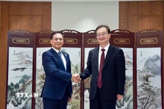 Phó Thủ tướng, Bộ trưởng Ngoại giao Bùi Thanh Sơn (trái) tiếp Bí thư Tỉnh ủy, Chủ nhiệm Ủy ban Thường vụ Nhân đại tỉnh Vân Nam Vương Ninh. (Ảnh: TTXVN phát)