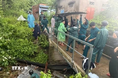 Cán bộ, chiến sỹ Đồn biên phòng cửa khẩu cảng Nha Trang phối hợp cùng các lực lượng địa phương tổ chức khơi thông các kênh, rãnh thoát nước không để tắc nghẽn. (Nguồn: TTXVN phát)