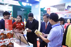 Đại sứ Việt Nam tại Lào Nguyễn Minh Tâm và Thứ trưởng Bộ Công Thương Lào Phouthavanh Nanthavong tham quan gian hàng của Việt Nam tại Hội chợ Thương mại Việt-Lào 2026. (Ảnh: Xuân Tú/TTXVN)