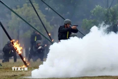 Chiến sỹ Cảnh sát gìn giữ hòa bình số 1 trình diễn các kỹ năng, kỹ thuật chiến đấu; xử lý các tình huống có thể xảy ra trong thực chiến. (Ảnh: Phạm Kiên/TTXVN)