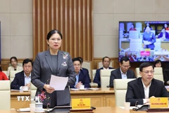 Phó Chủ tịch Ủy ban Trung ương Mặt trận Tổ quốc Việt Nam Hà Thị Nga phát biểu tại Hội nghị tổng kết “Chiến dịch Quang Trung” thần tốc xây dựng lại, sửa chữa nhà ở cho các gia đình có nhà bị thiệt hại do thiên tai, bão lũ vừa qua tại miền Trung. (Ảnh: Dương Giang/TTXVN)