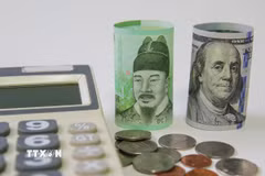 Đồng tiền giấy won của Hàn Quốc (trái) và USD tại Seoul (Hàn Quốc). (Ảnh: THX/TTXVN)