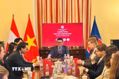 Đại sứ Việt Nam tại Áo Vũ Lê Thái Hoàng đã gặp và nói chuyện với giảng viên và học viên cao học quốc tế của Học viện Ngoại giao Áo. (Nguồn: TTXVN phát)