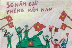 Giải Nhất thuộc về thí sinh Ngô Khắc Bảo, 10 tuổi, đến từ tỉnh Toyama với tác phẩm “50 năm giải phóng miền Nam.” (Ảnh: Nguyễn Tuyến/TTXVN)