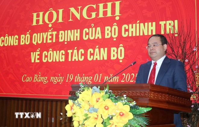 Bí thư Tỉnh ủy Cao Bằng Quản Minh Cường, nhiệm kỳ 2021-2025 phát biểu. (Ảnh: Chu Hiệu,TTXVN)