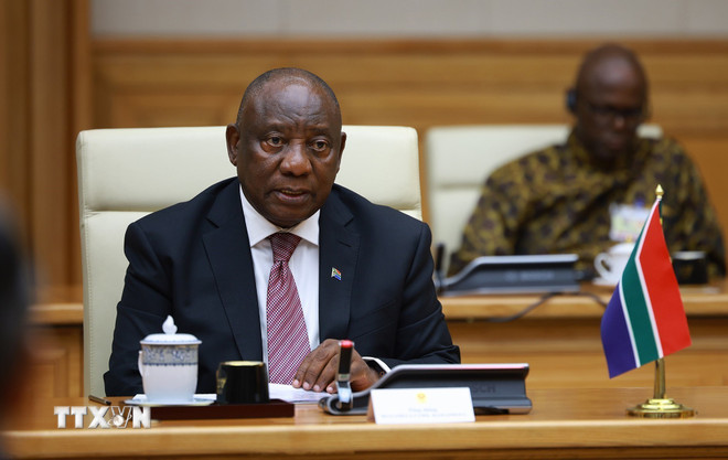 Le président sud-africain Matamela Cyril Ramaphosa s'exprime. (Photo : Duong Giang/VNA) ttxvn-thu-tuong-pham-minh-chinh-hoi-kien-tong-thong-cong-hoa-nam-phi-matamela-cyril-ramaphosa-8357926-3.jpg
