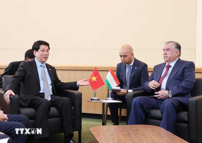 Chủ tịch nước Lương Cường gặp Tổng thống Tajikistan Emomali Rahmon. (Ảnh: Lâm Khánh/TTXVN) ttxvn-chu-tich-nuoc-luong-cuong-gap-tong-thong-tajikistan-8290081.jpg
