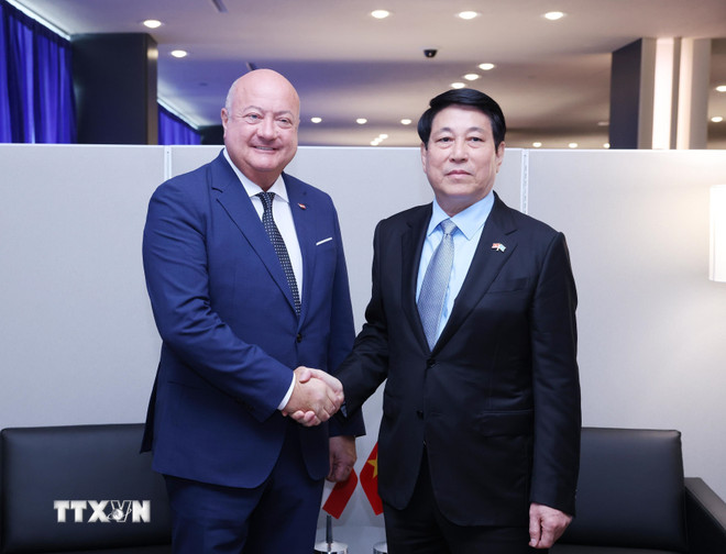 Chủ tịch nước Lương Cường gặp Thủ tướng Áo Christian Stocker. (Ảnh: Lâm Khánh/TTXVN) ttxvn-chu-tich-nuoc-luong-cuong-gap-thu-tuong-ao-8290084.jpg