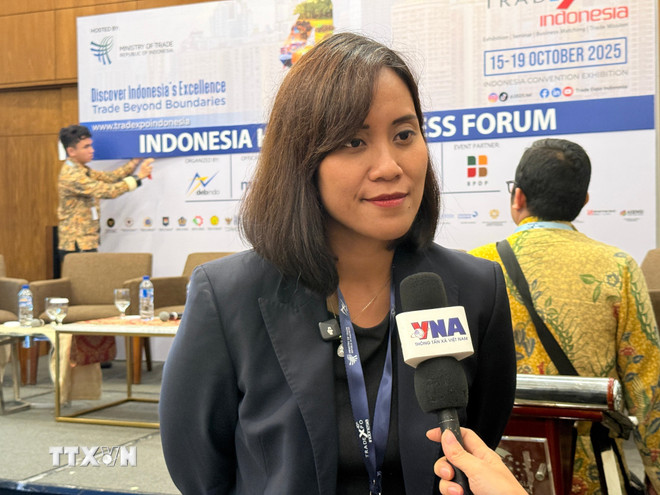 Bà Febie Yoenza, Phó Chủ tịch Hiệp hội các nhà sản xuất thiết bị y tế Indonesia (ASPAK) trả lời phỏng vấn phóng viên TTXVN. (Ảnh: Minh Thái/TTXVN) ttxvn-viet-nam-indonesia-khai-thac-tiem-nang-hop-tac-kinh-te-da-linh-vuc-8343833-2.jpg