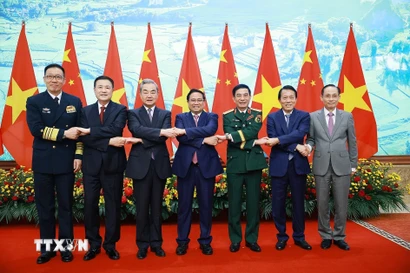 Thủ tướng Phạm Minh Chính tiếp Bộ trưởng Ngoại giao, Quốc phòng, Công an Trung Quốc sang dự Hội nghị lần thứ nhất, Cơ chế đối thoại chiến lược “3+3.” (Ảnh: Dương Giang/TTXVN)