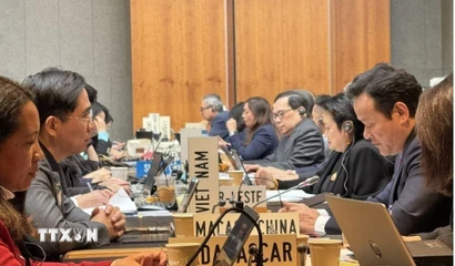 Đại sứ Mai Phan Dũng (bên phải) và Tham tán Công sứ Phạm Quang Huy (bên trái). (Ảnh: TTXVN phát)