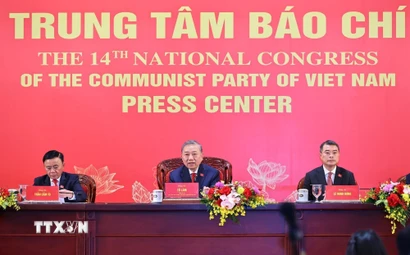 Tổng Bí thư Tô Lâm chủ trì họp báo công bố kết quả Đại hội XIV của Đảng. (Ảnh: TTXVN)