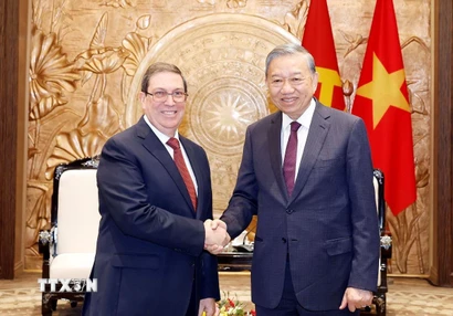Tổng Bí thư Tô Lâm tiếp thân mật đồng chí Bruno Rodríguez Parrilla, Đặc phái viên Đảng Cộng sản Cuba, Nhà nước Cộng hòa Cuba, Ủy viên Bộ Chính trị, Bộ trưởng Ngoại giao Cuba. (Ảnh: Thống Nhất/TTXVN)