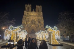 Khu vực nhà thờ lớn được thắp sáng dịp Giáng sinh và Năm mới 2025. (Ảnh: Đào Dũng/TTXVN)