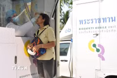 Nhân viên y tế lấy mẫu xét nghiệm COVID-19 cho người dân tại Bangkok (Thái Lan). (Ảnh: THX/TTXVN)