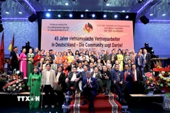 Nguyên cán bộ các đội lao động, phiên dịch thời Cộng hòa Dân chủ Đức cùng các cán bộ người Đức trong đoàn công tác của Chính phủ Đức đến Việt Nam để đàm phán và ký kết Nghị định thư bổ sung cho Hiệp định lao động Đức-Việt vào tháng 5/1990 tham dự buổi lễ. (Ảnh: Phương Hoa/TTXVN)