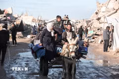 Người dân Palestine sơ tán tránh xung đột tại Gaza. (Ảnh: THX/TTXVN)