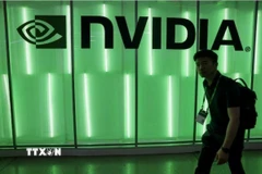 Biểu tượng của Tập đoàn Nvidia tại triển lãm máy tính ở Đài Loan (Trung Quốc) hồi năm ngoái. (Ảnh: Reuters/TTXVN)