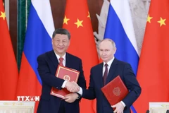 Ngày 8/5/2025, Chủ tịch Trung Quốc Tập Cận Bình có cuộc hội đàm Tổng thống Nga Vladimir Putin trong khuôn khổ chuyến thăm cấp nhà nước đến Moskva và dự lễ kỷ niệm 80 năm Ngày Chiến thắng trong Chiến tranh Vệ quốc vĩ đại. (Ảnh: THX/TTXVN)