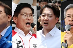 Các ứng viên tranh cử Tổng thống Hàn Quốc (từ trái sang): Lee Jae-myung của đảng Dân chủ Tự do, Kim Moon-soo thuộc đảng Quyền lực Nhân dân, Lee Jun-seok của đảng Cách tân mới và Kwon Young-kook của đảng Công lý. (Ảnh: Yonhap/TTXVN)