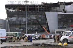 Hiện trường vụ tấn công tại nhà hát Crocus City Hall ở ngoại ô Moskva (Nga), ngày 26/3/2024. (Ảnh: AFP/TTXVN)