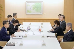 Ngoại trưởng Nhật Bản Takeshi Iwaya (phải) và Ngoại trưởng Hàn Quốc Cho Hyun (trái) tại cuộc hội đàm ở Tokyo (Nhật Bản), ngày 29/7/2025. (Ảnh: Kyodo/TTXVN)