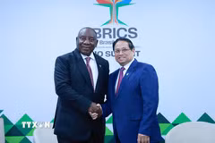 Thủ tướng Phạm Minh Chính hội kiến Tổng thống Nam Phi Cyril Ramaphosa. (Ảnh: Dương Giang/TTXVN)