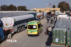 Xe tải chở hàng viện trợ nhân đạo chờ qua cửa khẩu Rafah từ Ai Cập để vào Gaza, ngày 19/1/2025. (Ảnh: THX/TTXVN)