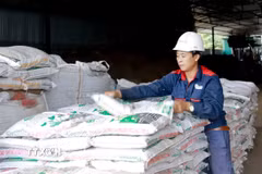 Vận chuyển sản phẩm tại một nhà máy sản xuất phân bón hữu cơ của Hợp tác xã Nông nghiệp hữu cơ Thanh Vân, Tam Dương (Vĩnh Phúc). (Ảnh: Hoàng Hùng/TTXVN)