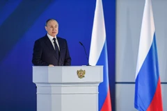 Tổng thống Nga Vladimir Putin trong một bài phát biểu trước Quốc hội liên bang. (Ảnh: THX/TTXVN)