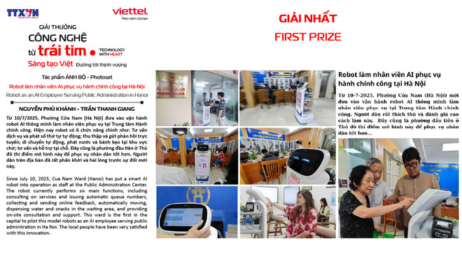 Giải Nhất hạng mục Ảnh bộ thuộc về loạt tác phẩm "Robot làm nhân viên AI phục vụ hành chính công tại Hà Nội," khắc họa phường đầu tiên của Thủ đô thí điểm mô hình mới mẻ này. (Ảnh: Nguyễn Phú Khánh) b1.jpg