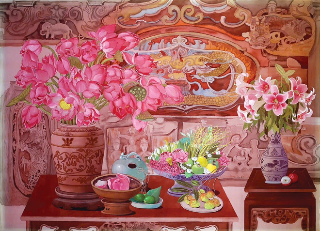 „Summer Feeling“ Aquarell auf Seide von Vu Thuy Mai. cam-thuc-mua-ha.png
