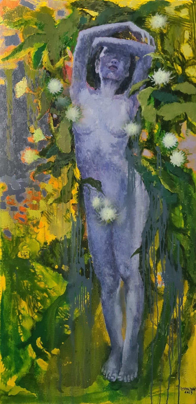 Tranh acrylic, sơn dầu trên canva "Hoa quỳnh và Em" của Dương Tuấn. Tranh acrylic, sơn dầu trên canva "Hoa quỳnh và Em" của Dương Tuấn.